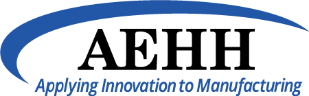 Logo for AEHH that has AEHH in black letters, a blue swoop above the letters, and the words Applying Innovation to Manufacturing